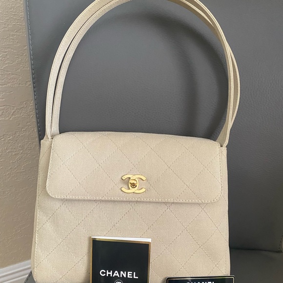 Chanel vintage quilted beige linen top handle kelly flap - Picture 1 of 11